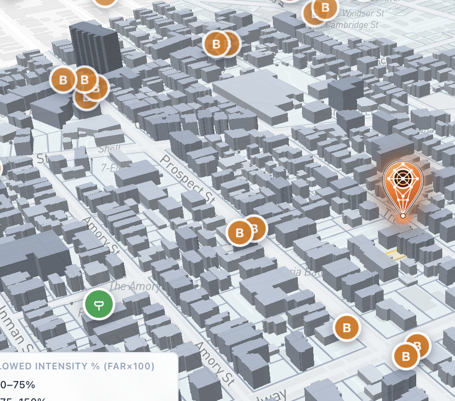 3D Cambridge map with location and transit markers